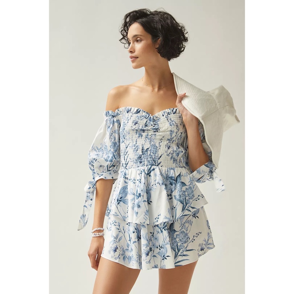 Yumi Kim Blue and White Floral Off-Shoulder Dress